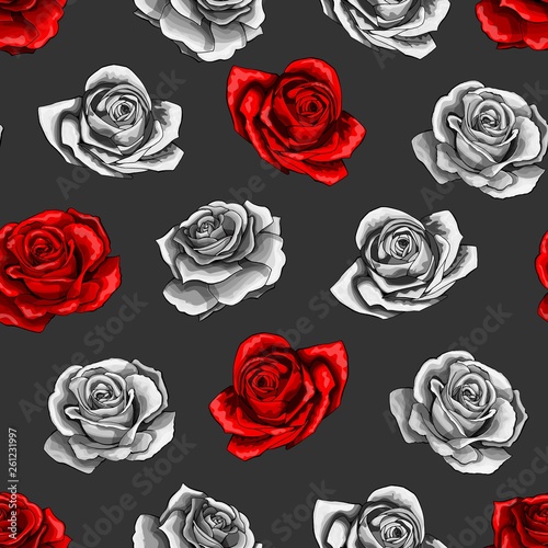 Red rose flower bouquets contour elements seamless pattern on gray background