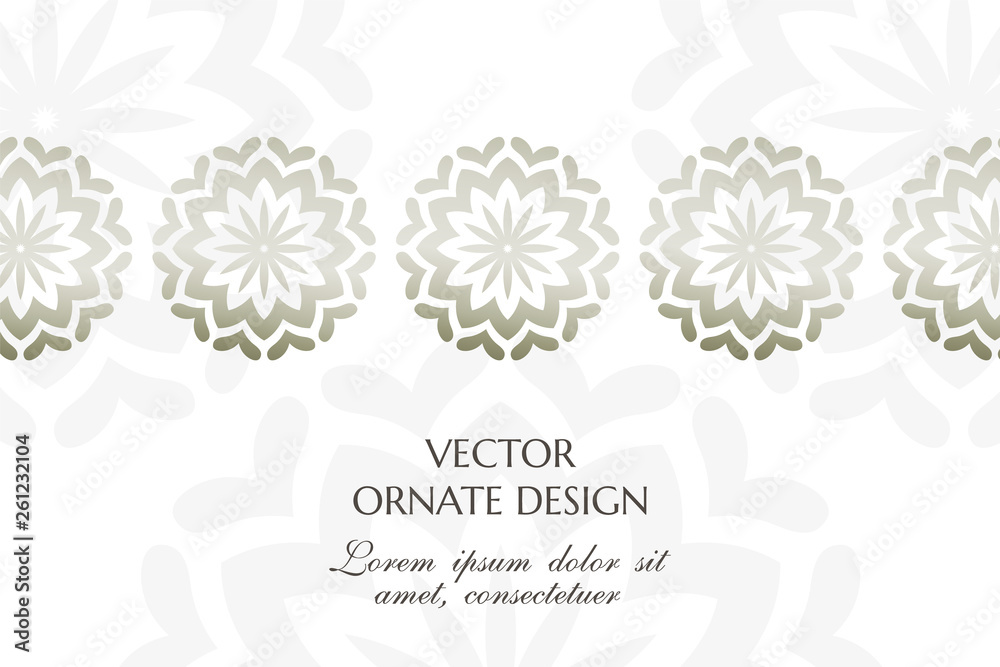 Silver floral motif. Graceful horizontal banner with ornamental border on the white background. Vector design with decorative elements and copy space for wedding invitation, anniversary card 
