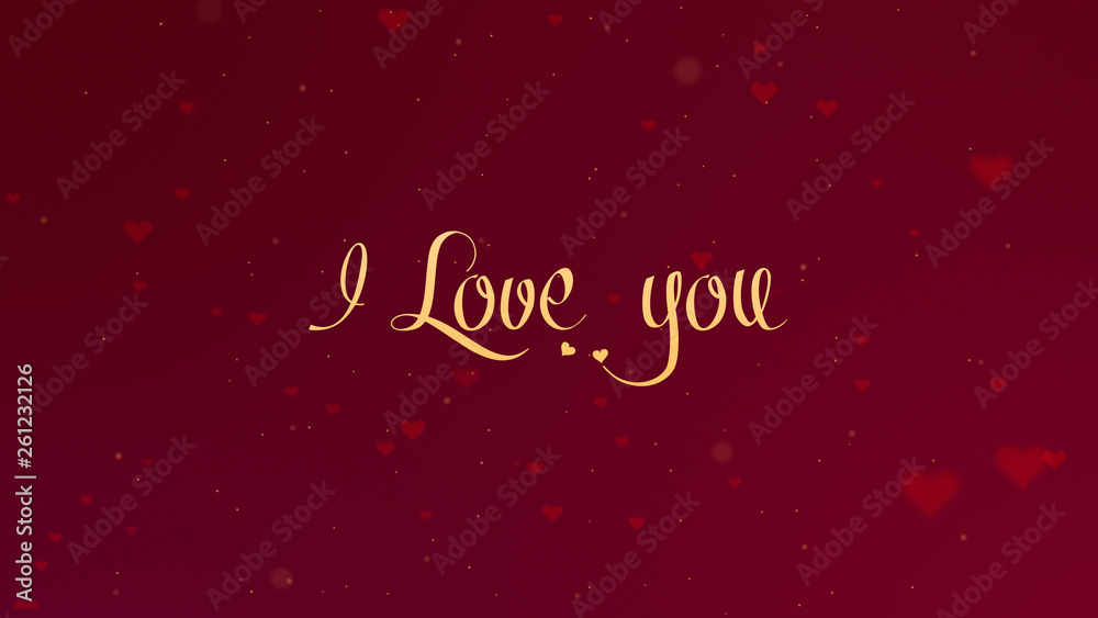 I love you Love confession. Valentine's Day lettering is isolated on red background, which is bedecked with little cute red hearts. Share love.