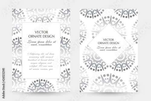 Silver star shape motif. Stylish vertical posters with ornamental frames on the white background. Vector design with decoration elements and copy space for wedding invitation, anniversary cards