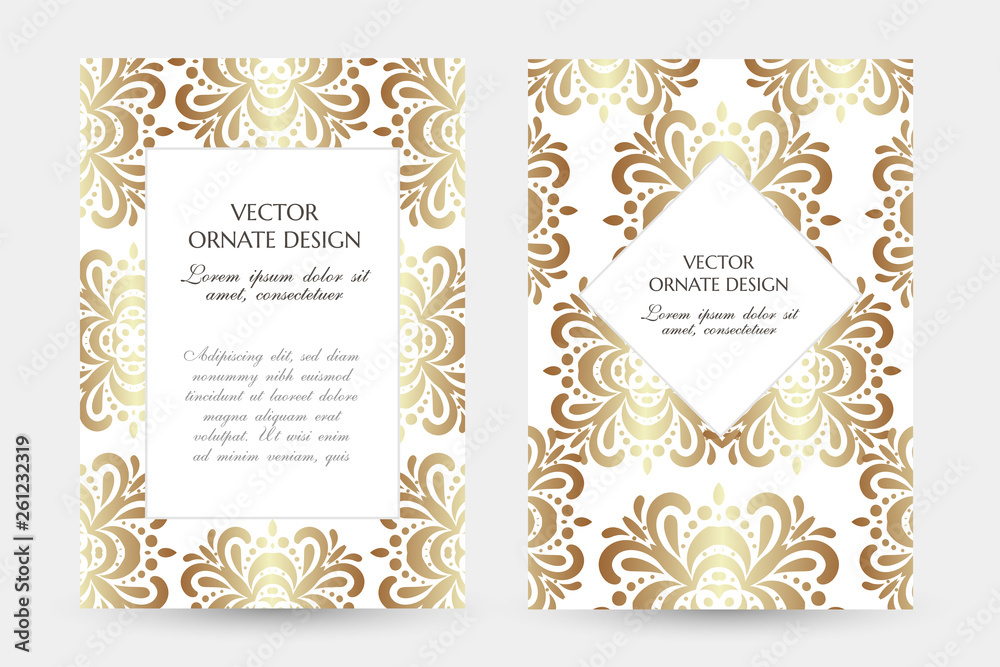 Bronze floral motif. Stylish vertical posters with ornamental frames on the white background. Vector design with decoration elements and copy space for wedding invitation, anniversary cards and other.
