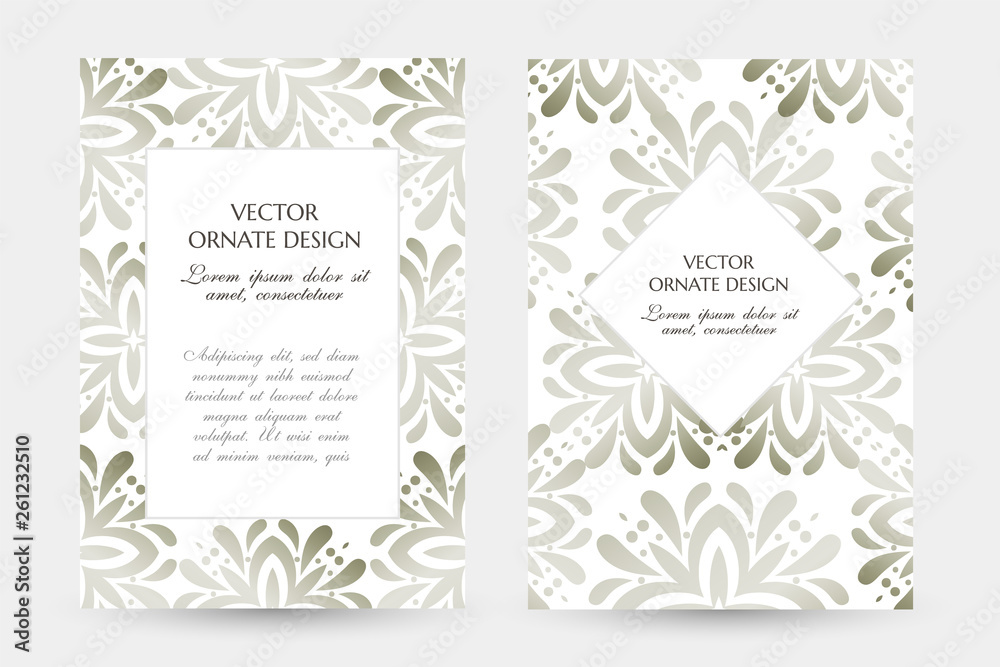 Silver floral elegant motif. Stylish vertical posters with ornamental frames on the white background. Vector design with decoration elements and copy space for wedding invitation, anniversary cards Silver floral elegant motif. Stylish vertical posters with ornamental frames on the white background. Vector design with decoration elements and copy space for wedding invitation, anniversary cards