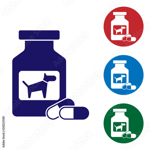 Blue Dog medicine bottle and pills icon isolated on white background. Container with pills. Prescription medicine for animal. Set color icon in circle buttons. Vector Illustration