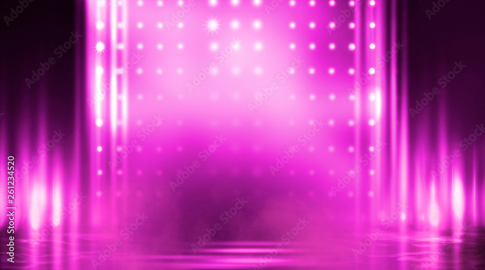 Empty scene of a show with lanterns and concrete floor. Аbstract pink and purple background lights, rays Empty scene of a show with lanterns and concrete floor. Аbstract pink and purple background lights, rays