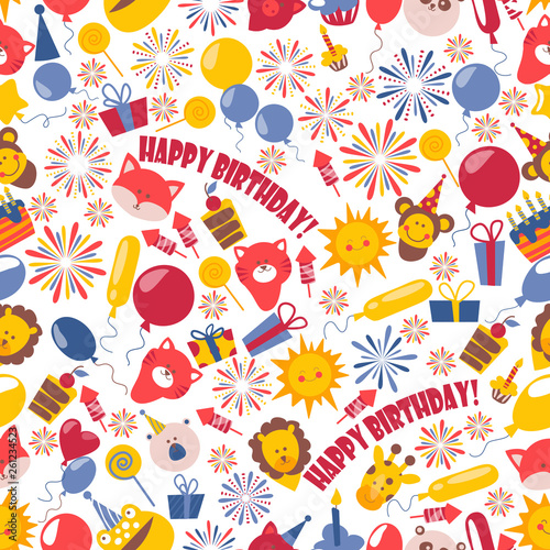 Happy birthday badges seamless pattern vector illustration. Balloons, salute,...