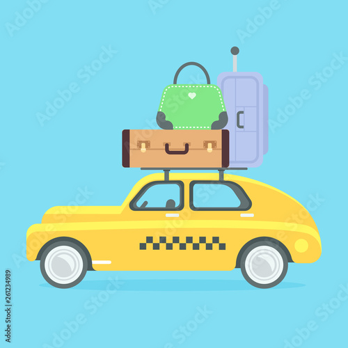 Yellow flat taxicab. Isolated retro car with suitcases. Car carries a lot of baggage on a journey. Flat style vector illustration. Vacation and trip.