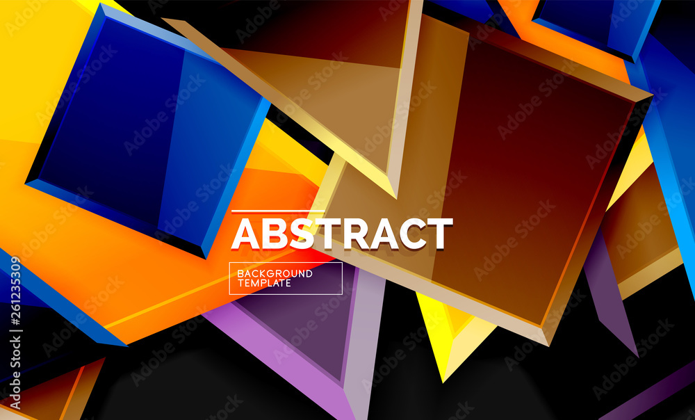 Glossy mosaic style geometric shapes - squares and triangles on black