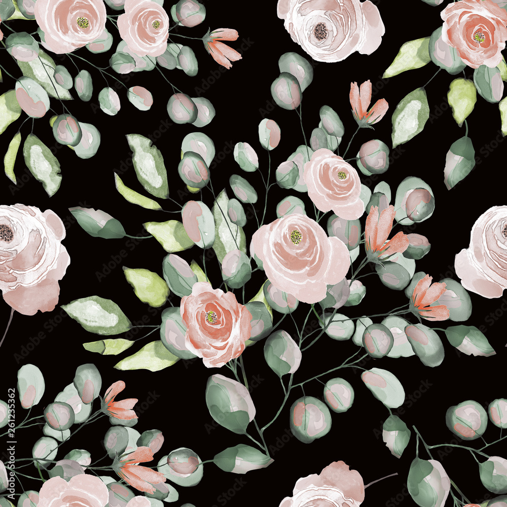Seamless background with flowers and leaves. Floral pattern for Wallpaper,  paper and fabric. Watercolor hand drawing. Pink flowers on black background.  Stock Photo | Adobe Stock