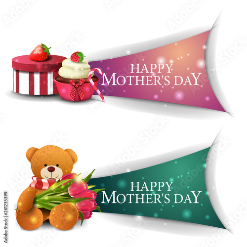 Clickable mother's day greetings banner for website with gift, strawberry, cupcake and Teddy bear with a bouquet of tulips