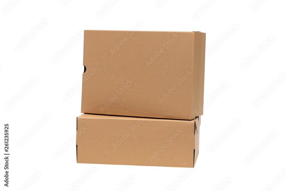Brown cardboard shoes box with lid for shoe or sneaker product packaging mockup, isolated on white with clipping path. Brown cardboard shoes box with lid for shoe or sneaker product packaging mockup, isolated on white with clipping path.