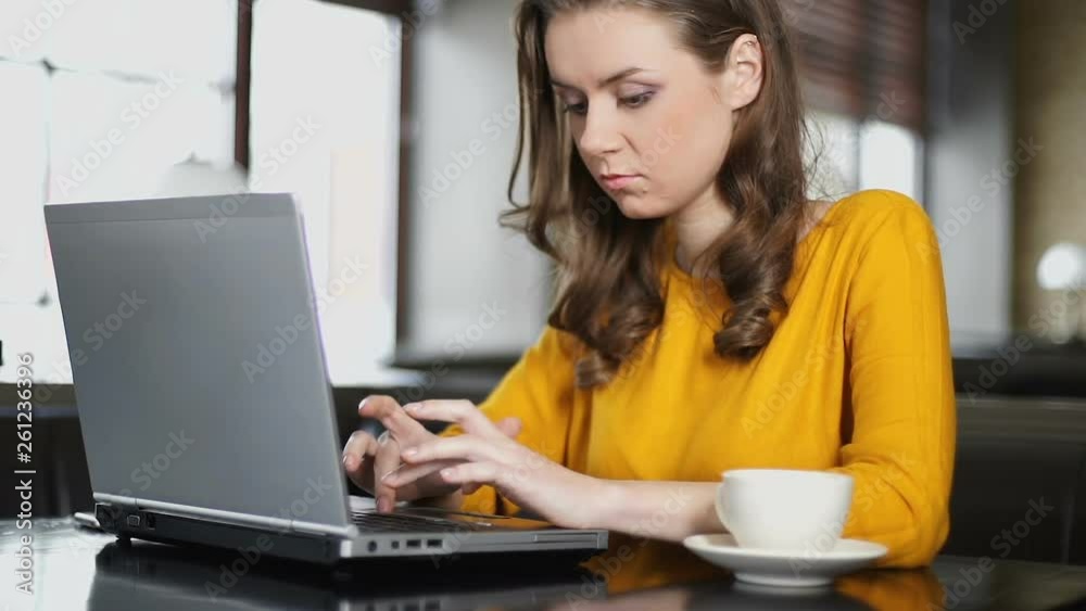 Female blogger working on laptop in cafe, posting publication in social network Female blogger working on laptop in cafe, posting publication in social network