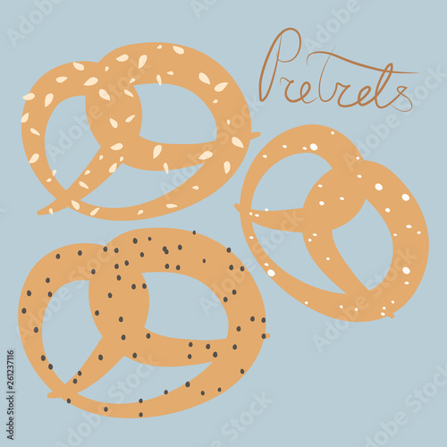 Vector illustration. Set of tree pretzels with sesame, salt and poppy seeds on pastel blue background