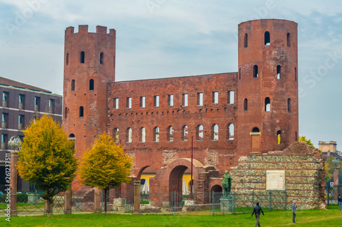 TURIN, ITALY, 27 NOVEMBER 2018: Palatine Gate or Towers, very ancient roman building