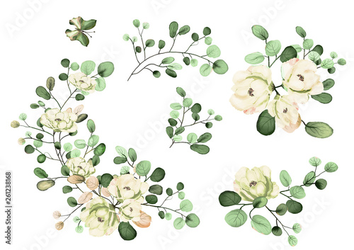 Watercolor drawing of a branch with leaves and flowers. Botanical illustration. Composition of pink roses, flowers and colorful leaves. Set of floral elements and herbs.