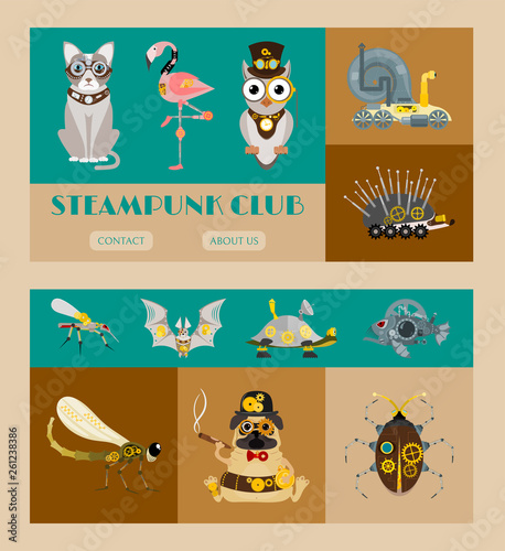 Steampunk animal set of banners vector illustrations for party or festival. Fantastic metal scarab, hedgehog, flamingo in style of engraving with decorative frame of gears and pistols.