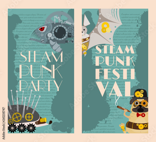 Steampunk animal set of banners vector illustrations for party or festival. Fantastic metal fish and hedgehog in style of engraving with decorative frame of gears and pistols.