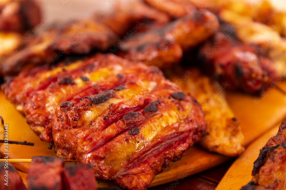 close up of mix grill served on a plate, selective focus