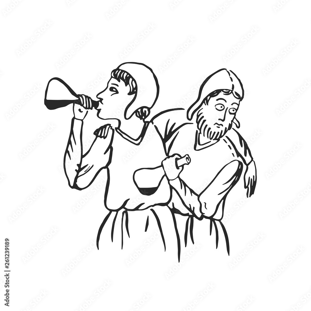 Fototapeta premium Medieval art drunk people social alcoholism concept