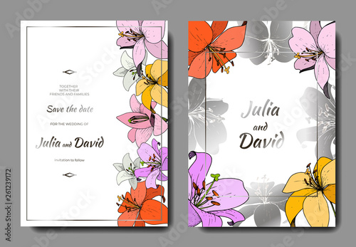 Vector Lily floral botanical flower. Engraved ink art. Wedding background card floral decorative border.