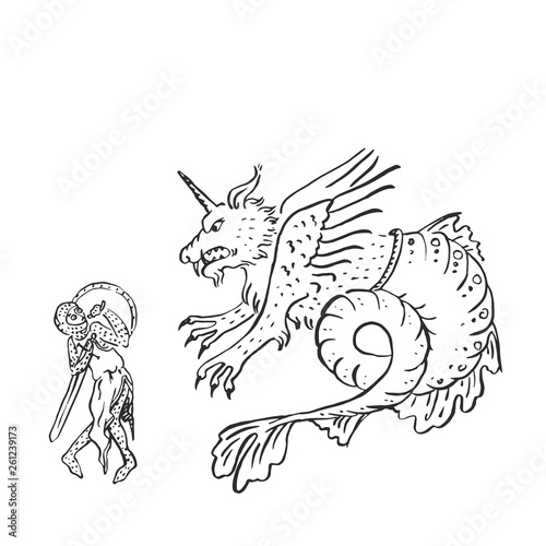 Medieval knight with sword and shield fights scary dragon