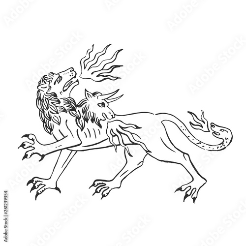 Medieval art chimera fire breathing lion with goat head and snake