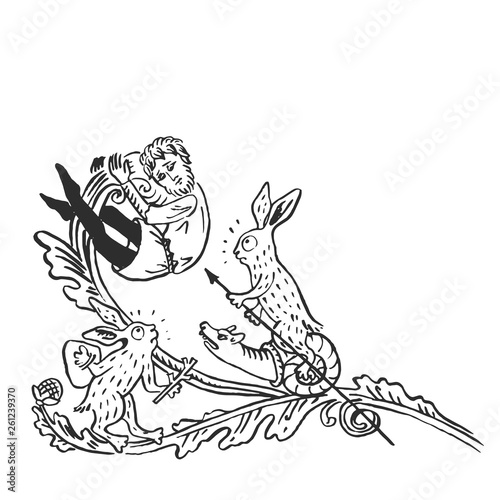 Medieval art rabbits riding snails with weapon attack man