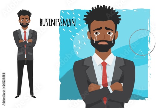 Crying black african american businessman. Negative emotion facial expression feeling. Businessman is sad crying