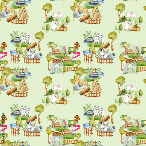 Watercolor bears  pandas and rabbits at the zoo seamless pattern  hand drawn on a green background