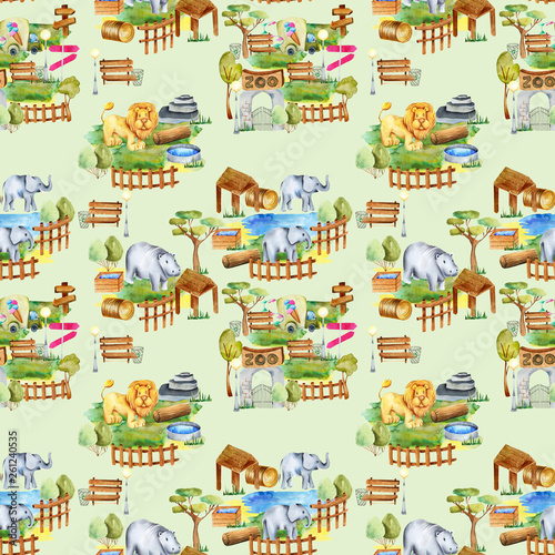 Watercolor lions, elephants and hippopotamus at the zoo seamless pattern, hand drawn on a green background