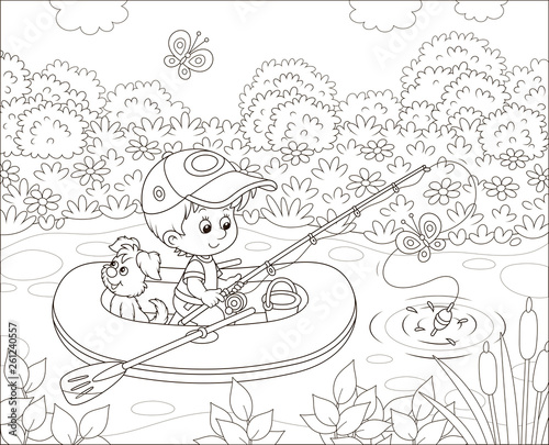 Little boy fisherman with a fishing-rod and a small pup in his inflatable boat catching fish in a pond on a sunny summer day, black and white vector illustration in a cartoon style