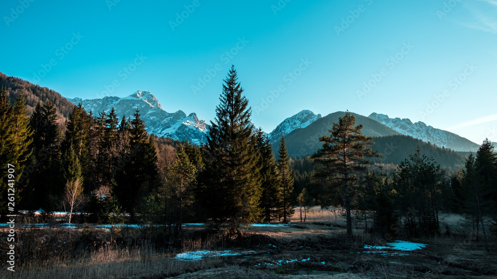 Fototapeta premium Sun goes down on Mangart, Italian alps