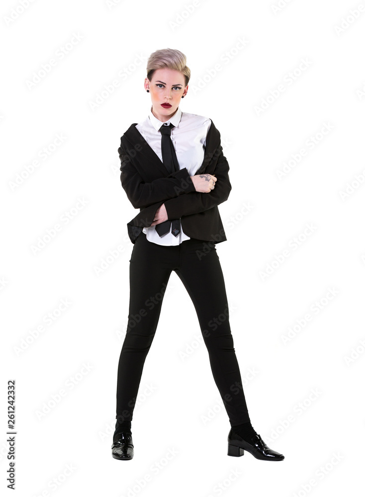 Attitude woman with a suit, shirt and tie, isolated, full body on white  background. The masculine