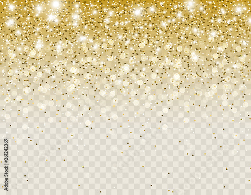 Gold glitter particles and lights effect for luxury greeting card. Vector glowing golden shimmer texture with confetti for new year, christmas design. Star dust sparks on transparent background.