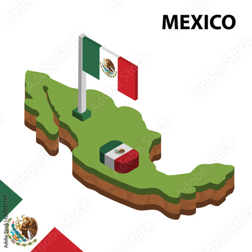 Isometric map and flag of Mexico. 3D isometric Vector Illustration