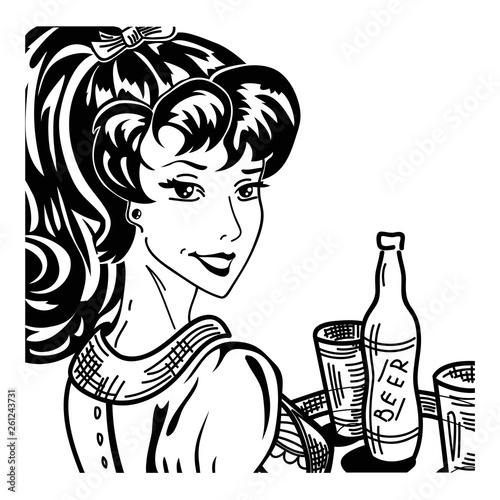 Vintage pin up waitress portrait with tray serving beer