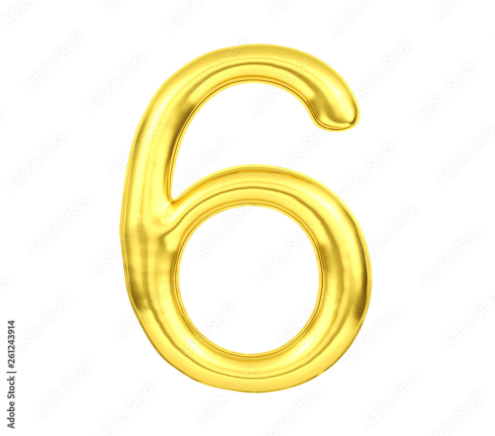 Numeral 6, Golden balloon number six isolated on white background, 3D Rendering Numeral 6, Golden balloon number six isolated on white background, 3D Rendering
