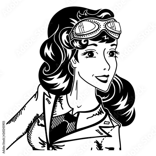 Vintage pin up woman pilot portrait