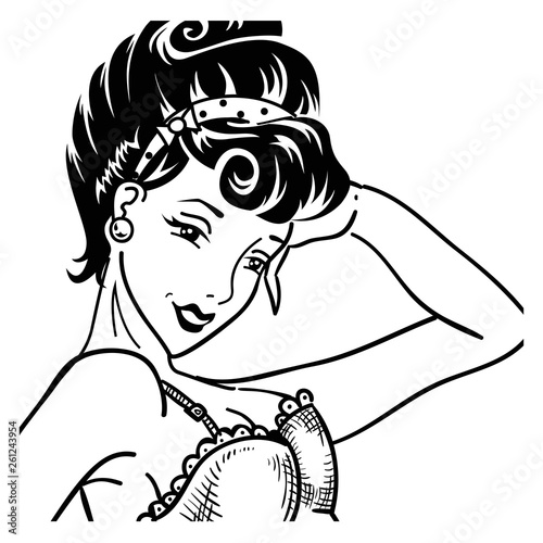 Vintage listening pin up woman portrait in corset