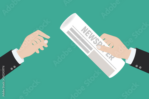 Hot latest news. Businessman hands holding magnifying glass over a newspaper with titles and photo. Top view. Vector illustration