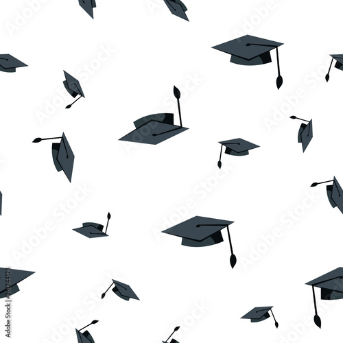 Graduation Hat Seamless Pattern Vector. School Student Black Cap. Academic Ceremony. Cute Graphic Texture. Textile Backdrop. Cartoon Background Illustration