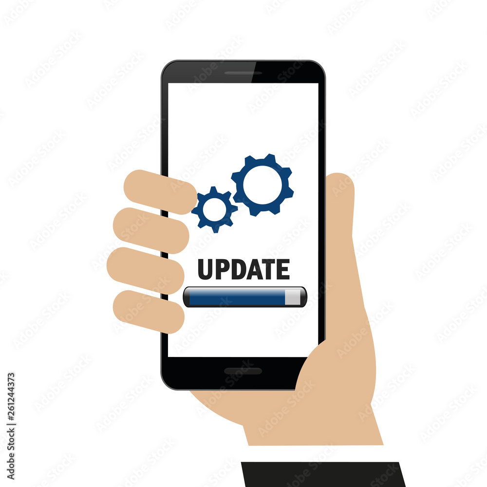 hand holds smartphone update gears on display isolated on white background vector illustration EPS10 hand holds smartphone update gears on display isolated on white background vector illustration EPS10