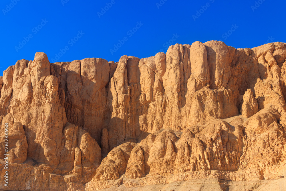 View of cliffs and mountains near Mortuary Temple of Hatshepsut in Luxor, Egypt