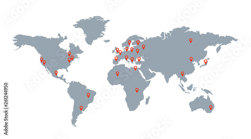 World map with geolocation markers. Global communication. Delivery and logistics. Isolated image