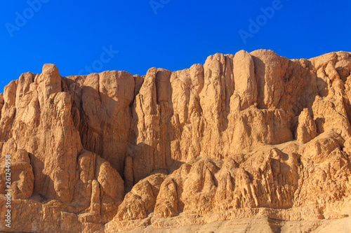 View of cliffs and mountains near Mortuary Temple of Hatshepsut in Luxor, Egypt