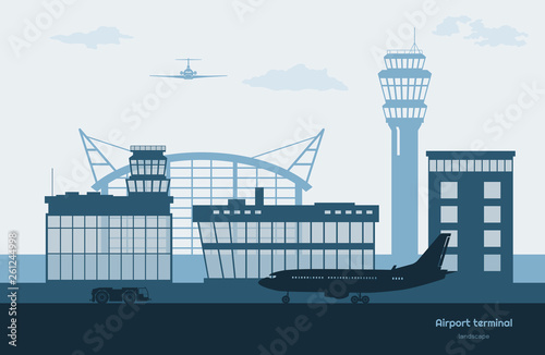 Landscape of airport. Transportation terminal silhouette. Airplane on aerodrome background. Aviation scene
