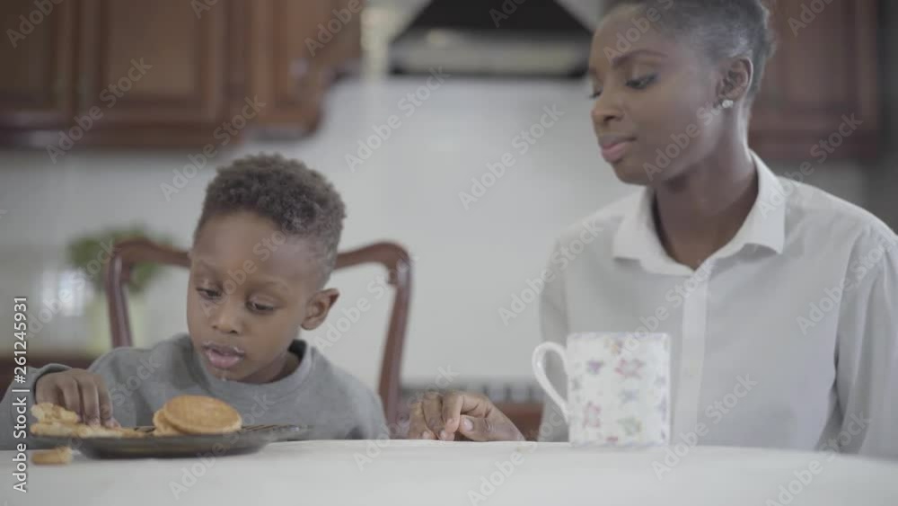 Portrait Attractive african american woman sitting with her little son by the table on the kitchen. Relationship mom and son. A happy family. Family healthy breakfast. Portrait Attractive african american woman sitting with her little son by the table on the kitchen. Relationship mom and son. A happy family. Family healthy breakfast.