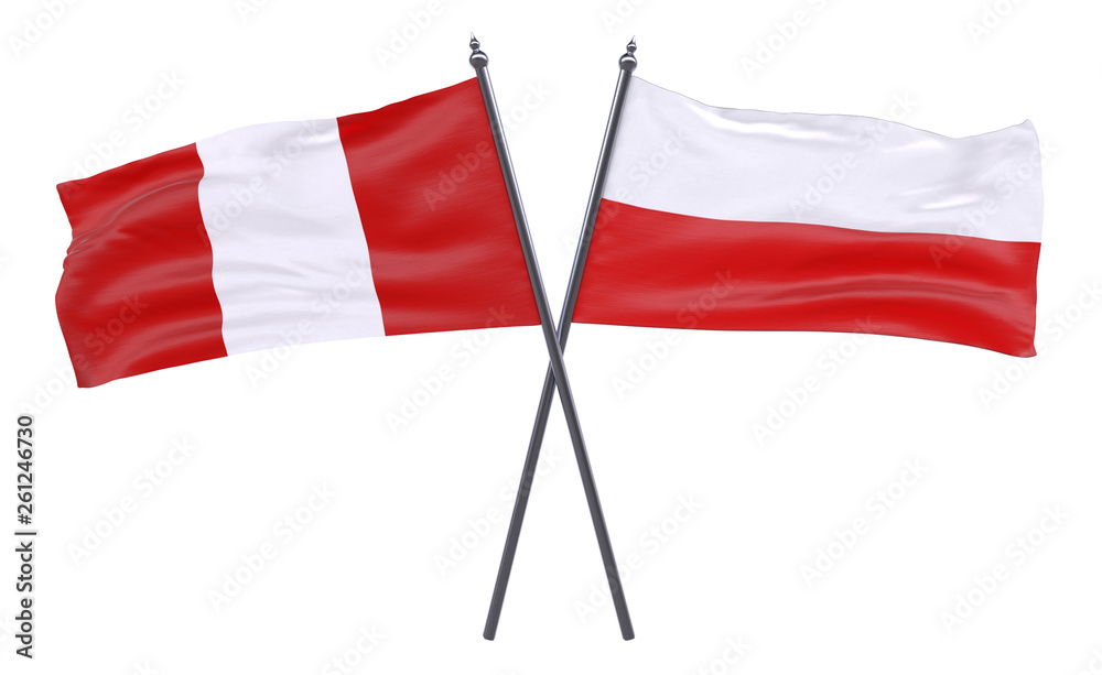 Peru and Poland, two crossed flags isolated on white background. 3d image Peru and Poland, two crossed flags isolated on white background. 3d image