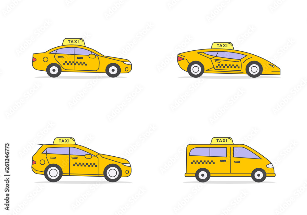 Types of taxis. Minivan, SUV, business class sport car and sedan