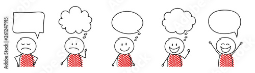 Set of cartoon stickmen with empty speech bubbles. Vector