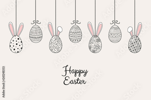 Easter banner with hand drawn eggs and bunnies. Vector